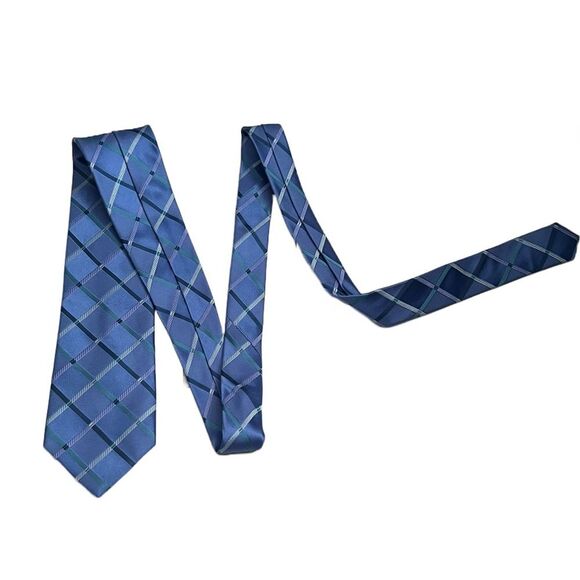 2for25 Michael Kors Silk Men’s Tie Blue Plaid Check Embroidered Designer Necktie - Picture 4 of 9